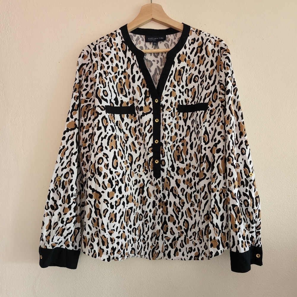 Jones New York Cheetah Animal Print Button Down Blouse XL